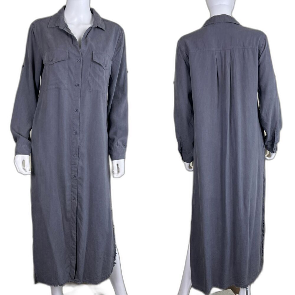 Bella Dahl Women Size S Silver Storm Maxi Shirt Dress Roll Tab Tunic Tencel Fray